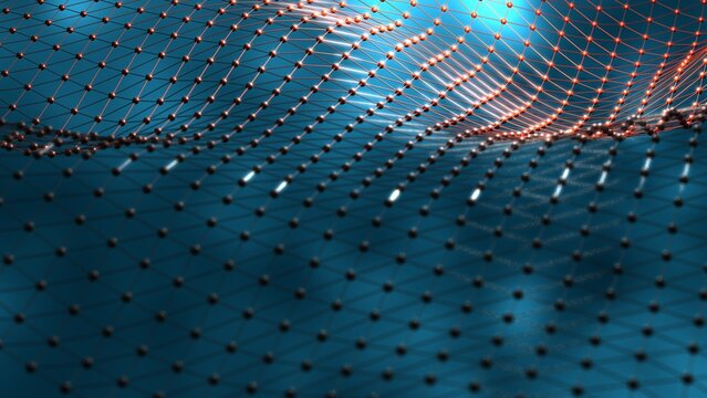 Red atom structure on aero space background under spot light environment. Concept 3D CG of biological science, network technology and human strategy.