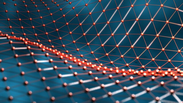 Red atom structure on aero space background under spot light environment. Concept 3D CG of biological science, network technology and human strategy.