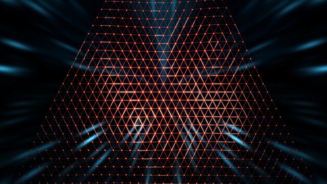 Red atom structure on aero space background under spot light environment. Concept 3D CG of biological science, network technology and human strategy.
