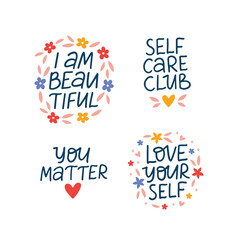 Wall Mural - Mental health vector lettering set. Self care and love saying. Positive phrase illustration isolated on white. Typography inspirational quote for poster, t shirt print, card.