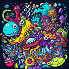  Doodle very colorfull illustration of funny monsters