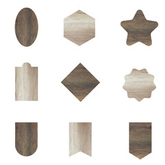 Aufkleber - Set of sale tags wood texture background. Wooden price and discount labels stickers, isolated on white background