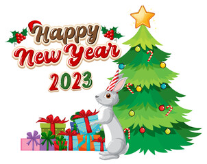 Wall Mural - Happy New Year text with cute rabbit for banner design