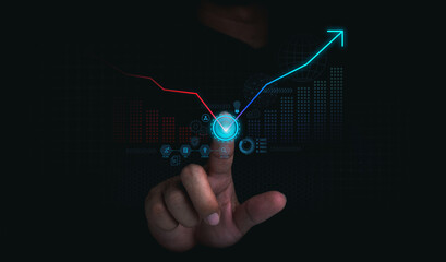 Poster - Investment technology, financial, return on investment - ROI concepts. Increasing arrow on digital tech chart and graph on dark background. Business growth, profit, solution, development and strategy.