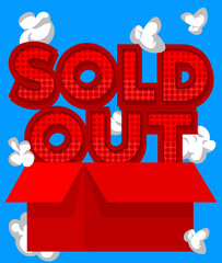 Poster - Sold Out word with cardboard box. Vector cartoon folded card box illustration.