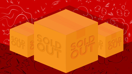 Poster - Sold Out word with cardboard box. Vector cartoon folded card box illustration.