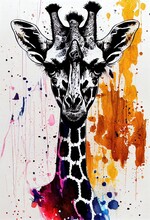 Isolated Giraffe Watercolour Splashes With Ink Painting, Llustration Art