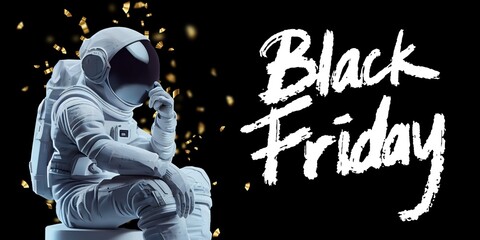 black friday sale astronaut with confetti gold on a black background, horizontal banner, design temp