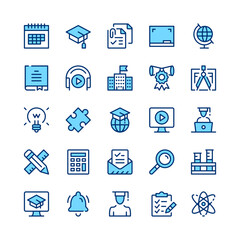 Education line icons. Blue color. Vector line icons set