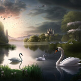 Ai generated landscape with swans in a pond/river 
