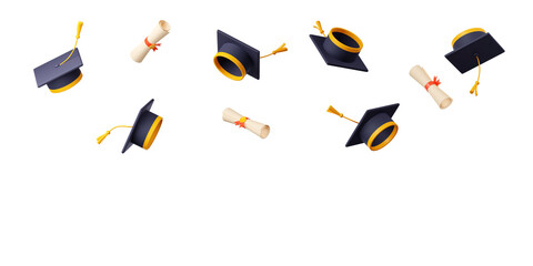 Wall Mural - 3D illustration of academic caps with golden tassels and diploma scrolls flying in air isolated on white background. School, college, university graduation ceremony. Academic year end celebration