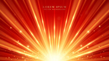 Abstract Golden Light Rays With Shine Dot Effect And Glitter Light Decoration On Red Background