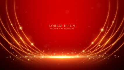 Wall Mural - golden curve lines, shine dots effect and bokeh on red luxury background. elegant style design templ
