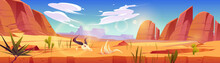 American Desert Landscape With Sand, Cactuses, Mountains And Bull Skull And Bones. Arizona Or Mexico Desert Panorama With Rocks, Plants And Buffalo Skeleton, Vector Cartoon Illustration