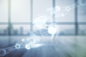 Aufkleber - Double exposure of abstract virtual robotics technology with world map hologram on empty modern office background. Research and development software concept