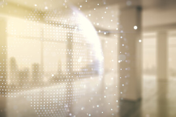 Poster - double exposure of abstract digital world map on empty modern office background, research and strate
