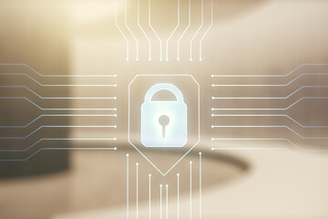 Aufkleber - Double exposure of virtual creative lock hologram with chip on empty modern office background. Information security concept