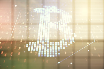 Poster - Virtual Bitcoin hologram on empty corporate office background. Multiexposure