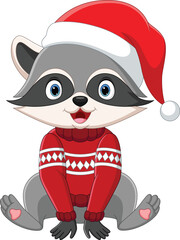 Wall Mural - Cartoon raccoon in sweater and santa hat