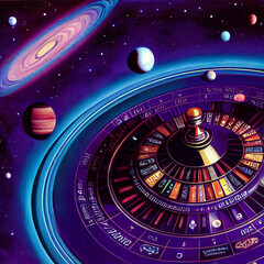 Roulette table as a galaxy out in space, planets orbit nearby and nebulae fill out the background