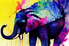 Isolated Elephant Watercolour Splashes With Ink Painting, Llustration Art