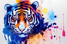 Isolated Tiger Watercolour Splashes With Ink Painting, Llustration Art