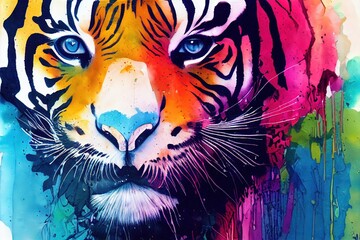  isolated tiger watercolour splashes with ink painting, llustration art