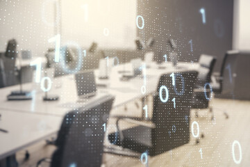 Aufkleber - Abstract virtual binary code sketch on a modern furnished office interior background, hacking and matrix concept. Multiexposure