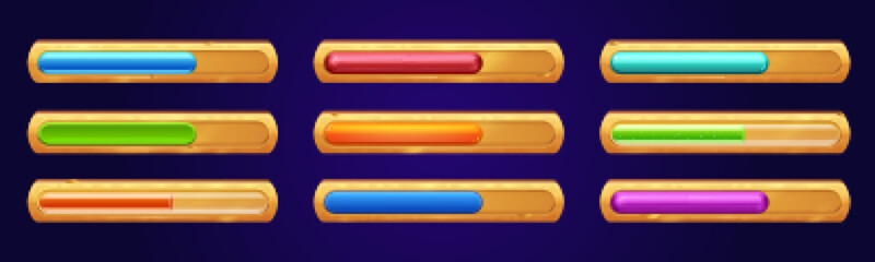 Poster - Game progress bars, cartoon vector icons. Process ui or gui interface design elements. Power, life, health, magic spell, potion status, assets or resources scales blue green, red, orange, Isolated set