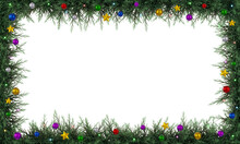 Christmas Horizontal Frame Decorated With Colorful Balls And Glowing Lights. Realistic Rendering.