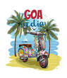 GOA,India typography for t-shirt print with beach,palm and retro scooter.Vintage poster.