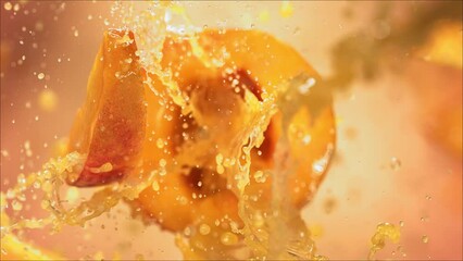 Super Slow Motion of Explosion Peach and Burst Juice and Slices