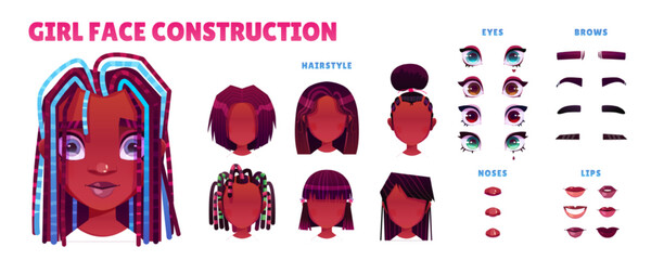 Black woman face construction kit, avatar constructor of african female character. Dark skin heads, hairstyle, nose, eyes, eyebrows and lips. Isolated facial elements, cartoon vector creation set