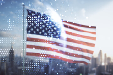Aufkleber - Multi exposure of abstract graphic world map on US flag and skyline background, big data and networking concept