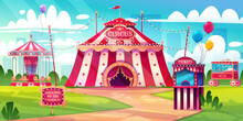 Amusement Carnival Park With Circus Tent, Merry-go-round Carousel And Candy Cotton Booth, Balloons And Tickets Kiosk. Festive Fair And Recreation Entertainment Attractions Cartoon Vector Illustration
