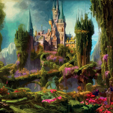 Fantasy Castle In An Enchanted Garden, Fairy Tale Landscape, Magnificent Scenery. Original Digital Vector Illustration. Beautiful Park Or Garden