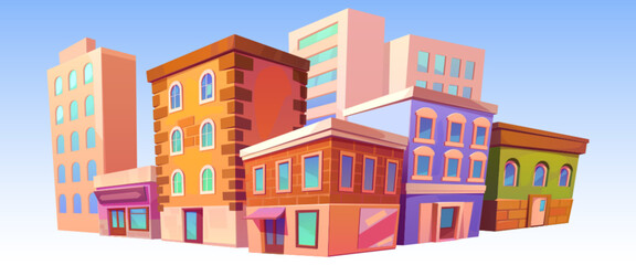 Wall Mural - Isolated city retro buildings, vintage town houses architecture, cafe or store showcase on ground floor. Dwelling construction, stone cottages facades, exterior angle view cartoon vector illustration