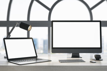 Aufkleber - Close up of daylight designer workplace with blank white laptop computer screens, coffee cup and keyboard on wooden desktop and window with city view background. Mock up, 3D Rendering.