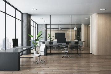 Poster - Luxury wooden, concrete and glass coworking office interior with furniture, equipment, window and city view. Law, legal and commercial workplace concept. 3D Rendering.