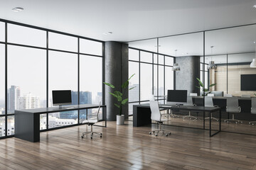 Poster - Loft wooden, concrete and glass coworking office interior with furniture, equipment, window and city view. Law, legal and commercial workplace concept. 3D Rendering.