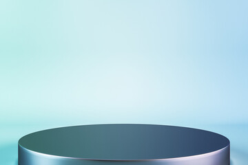 Poster - Blue studio with geometric shapes, podium on the floor. Platforms for product presentation, mock up backdrop. Abstract composition in minimal design. 3D Rendering.