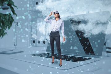 Poster - Abstract image of female with augmented reality glasses standing on laptop keyboard on desktop workplace with clouds. Remote work, VR, technology and innovation concept.