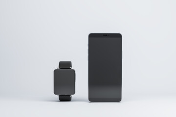 Aufkleber - Front view on blank black modern smartphone and smart watches screens with space for your logo or text on light background. 3D rendering, mockup