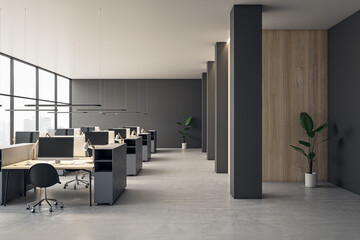Poster - Contemporary coworking office interior with equipment, furniture and panoramic window with city view. 3D Rendering.