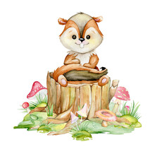 A Cute Chipmunk Is Sitting On A Stump. Watercolor Clipart In Cartoon Style But Isolated Background.