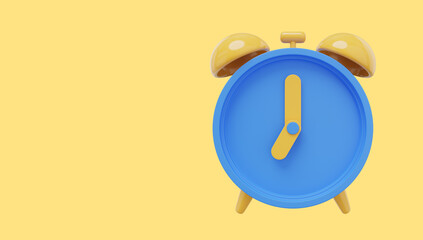 Poster - Minimal blue cartoon alarm clock. 3D rendering. Icon on yellow background, space for text.