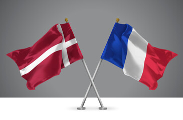 Wall Mural - 3D illustration of Two Crossed Flags of France and Denmark