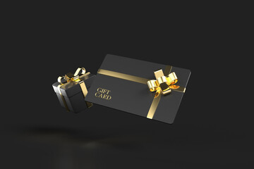 luxury privilege gift card and a gift box with a golden ribbon for loyalty membership on a dark back