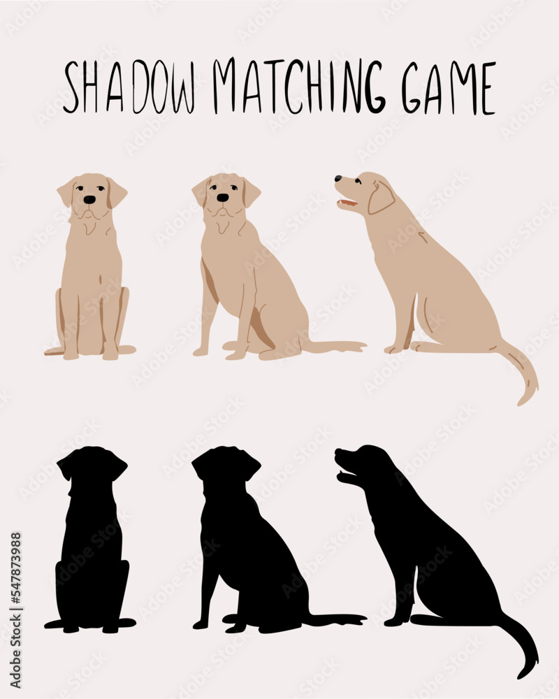 Labrador Shadow Labrador dog illustration. Set pos. Find the shadow game. Full color ...