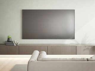 Poster - 3D rendering of modern living room with TV screen and sofa.